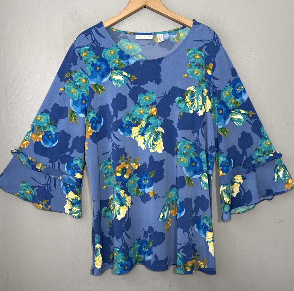 Susan Graver Top Size Large Blue Floral Liquid Knit Ruffle Bell Sleeve Dopamine
